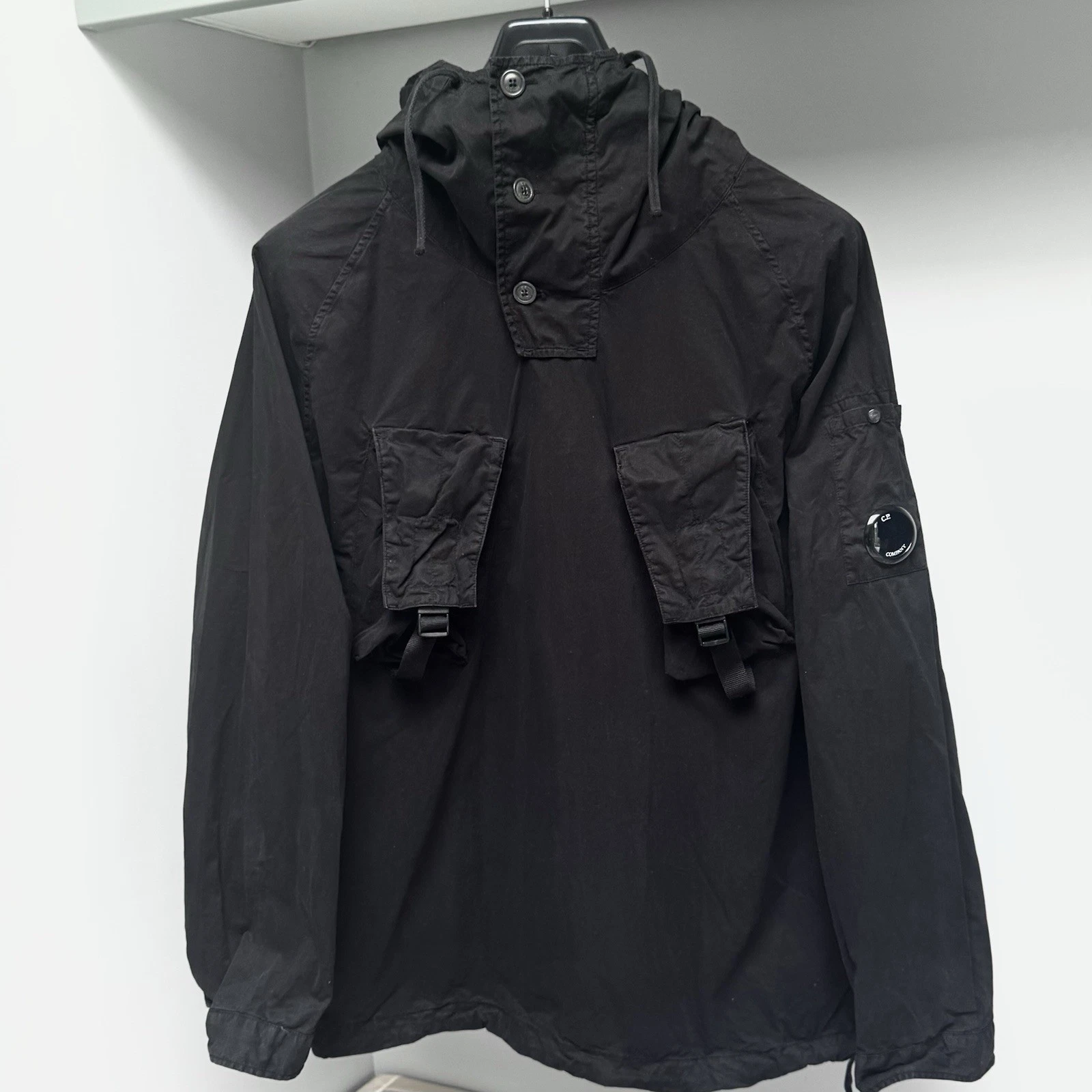 CP Company Smock Overshirt Jacket Men Large Black Hooded Gabardine Lens ptp23”