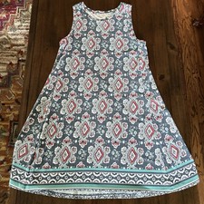 LOFT Outlet Sz S Sleeveless Stretch Knit Shift Dress Dusty Blue Floral Medallion