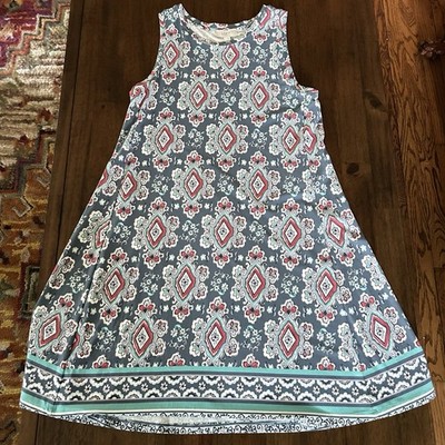 LOFT Outlet Sz S Sleeveless Stretch Knit Shift Dress Dusty Blue Floral Medallion