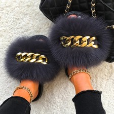 Real Fox Raccoon Fur Slippers Gold Chain Fluffy Lady Slides Flip Furry Plush G5