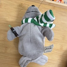 Coca-Cola 1997 Bean Bag Plush Gray Seal w/ Green  White Scarf, Coke Bottle