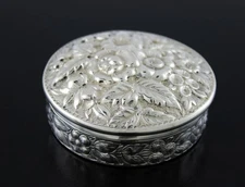 Antique Black Starr & Frost #5 Sterling Silver Floral Repousse Round Trinket Box