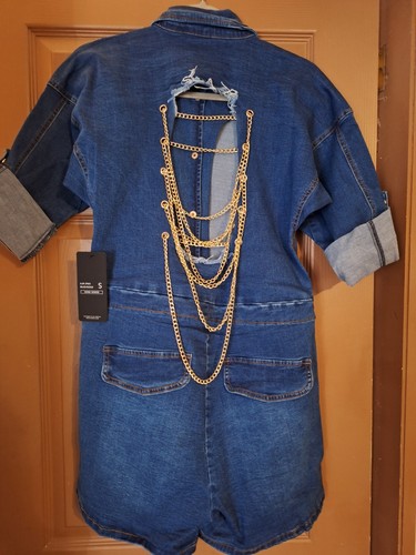 American Bazi Denim Strampler Shorts tailliert blau Jeans Body Anzug Set Damen Small - Bild 4 von 5
