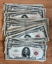 1953 or 1963 Series Five Dollar Red Seal Note Certificate Old US Bill $5 Money