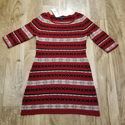 NWT French Connection Sweater Dress 12 Womens Red Nordic Fair Isle Lambswool