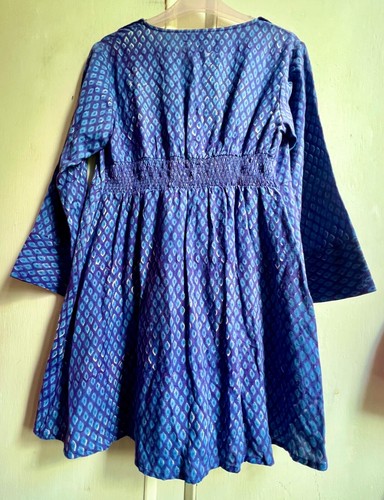 NILA RUBIA Tunic Top Small Blue Cotton Hand Block Printed Pockets Long Sleeves - Picture 8 of 9
