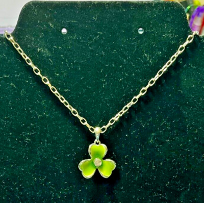 SOLVAR Silver Tone Green Enamel Shamrock with Rhineston Pendant on 19''+2'' Chain