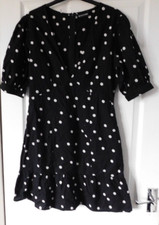 PRETTYLITTLETHING PLT Black White Polka Dot V Neck Short Sleeve Boho Dress UK 10