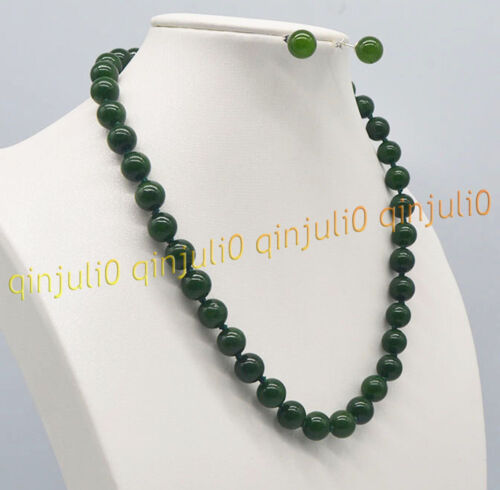 "Set Collane Orecchini Perline Rotonde Verde Scuro 10 mm Pietra Preziosa Giada Naturale 18"" - Foto 2 di 4