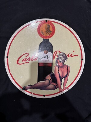 VINTAGE CARLO ROSSI VINEYARD PINUP GIRL PORCELAIN GAS OIL WINE  BREWERY AD SIGN