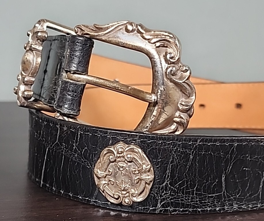 Vintage Brighton Black Leather Croc Belt Ornate 90s Silver  display picture 2