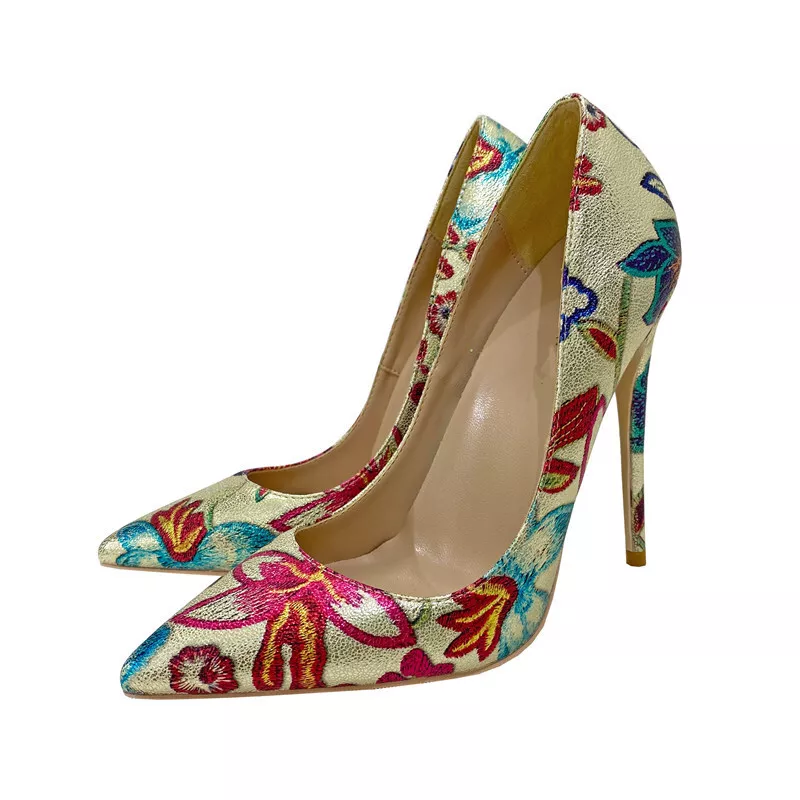 Women s High Heels Pumps Flower Print Shoes Pointed Toe Gold Wedding Shoes Size