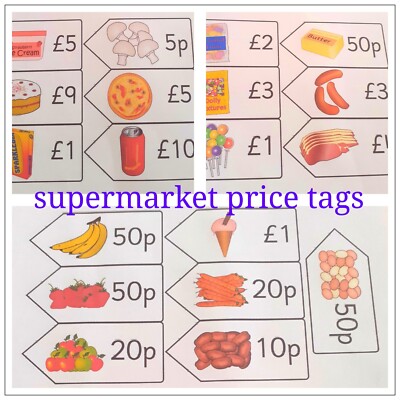Mathe Lernmittel, Geld, Preisschilder Supermarkt Rollenspiel EYFSKS1, SEN 