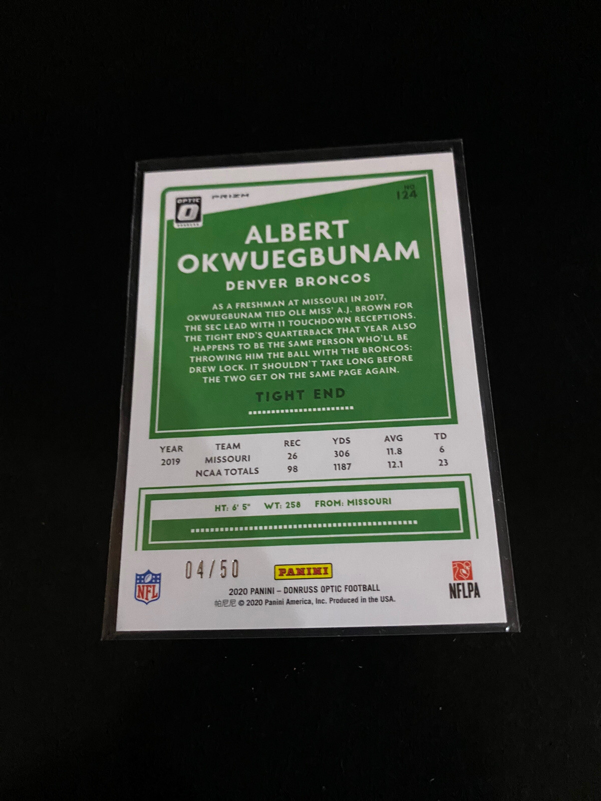 2020 Donruss Optic 124 ALBERT OKWUEGBUNAM Purple Prizm /50 RC Broncos