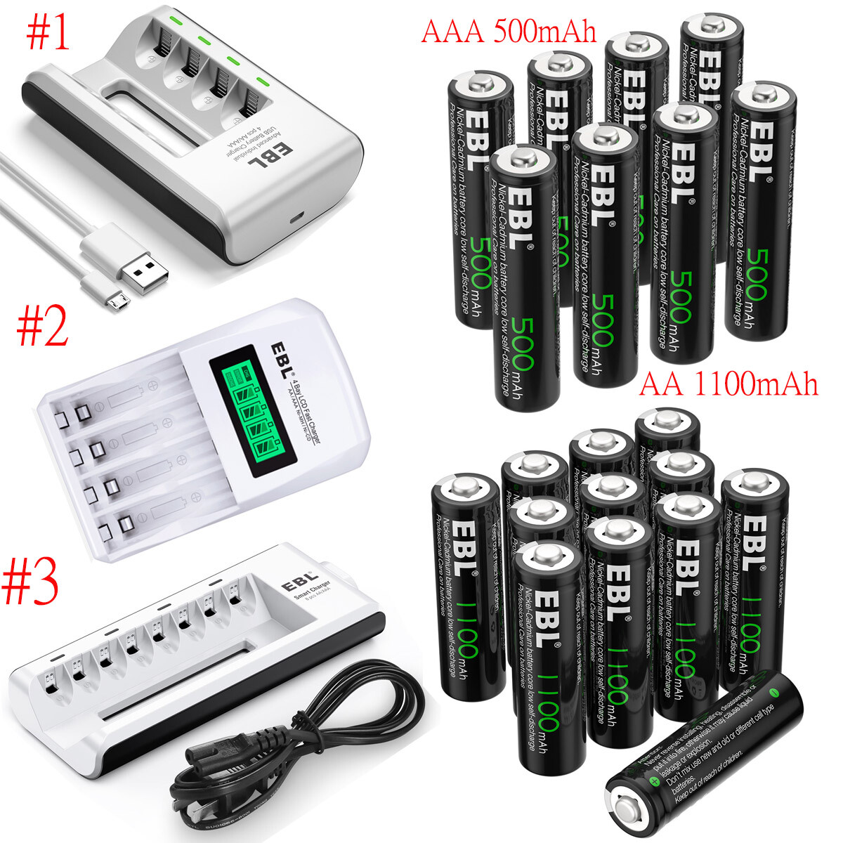 EBL AAA AA Rechargeable Batteries NICD 1100mah 500mah +Box /4 8Slots Charger lot-image