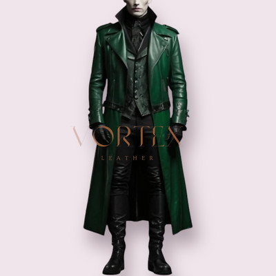 Men's Green Leather Trench Coat Full Length Leather Winter Coat For Men Long