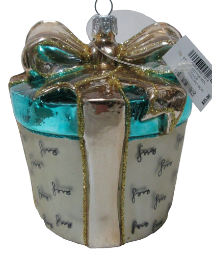 Dillard's Trimmings Vintage blown glass present ornament bow gold blue w/Box NEW - Picture 5 of 16