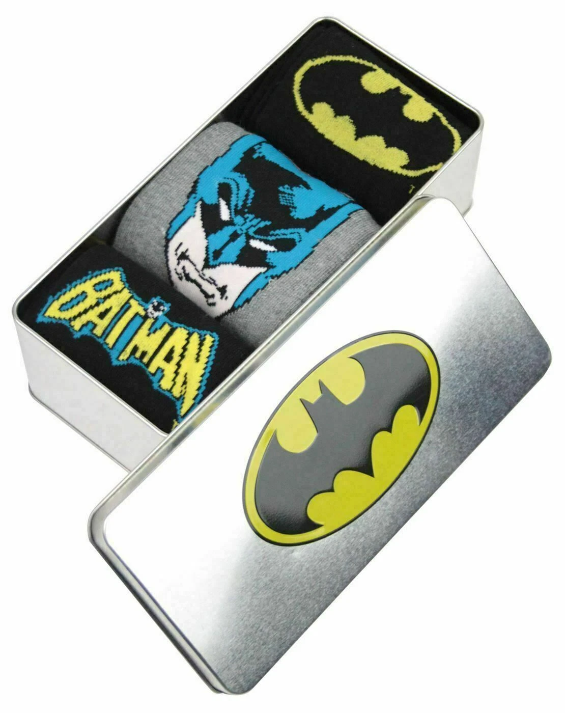 Mens 3 Pair Sock Cotton Rich Premium Batman Licenced Socks in a Tin Size 6-11