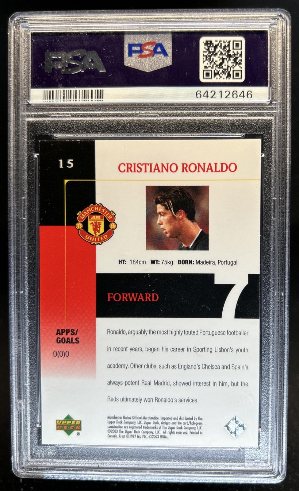 2003 Upper Deck Manchester United Cristiano Ronaldo #15 Man U PSA 7 view 2