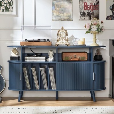 Large Round Record Player Stand W/ Charging Station & Fluted Panel Blue
