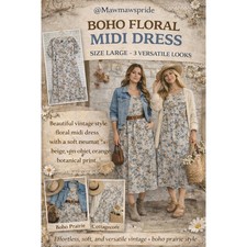 Boho Floral Midi Dress Womens Large Beige Orange Blue Botanical Prairie Vintage