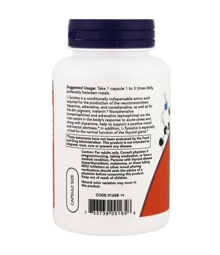 Now Foods L-Tyrosine Extra Strength 750 mg 90 Veg Capsules GMP Quality Assured - Picture 3 of 3