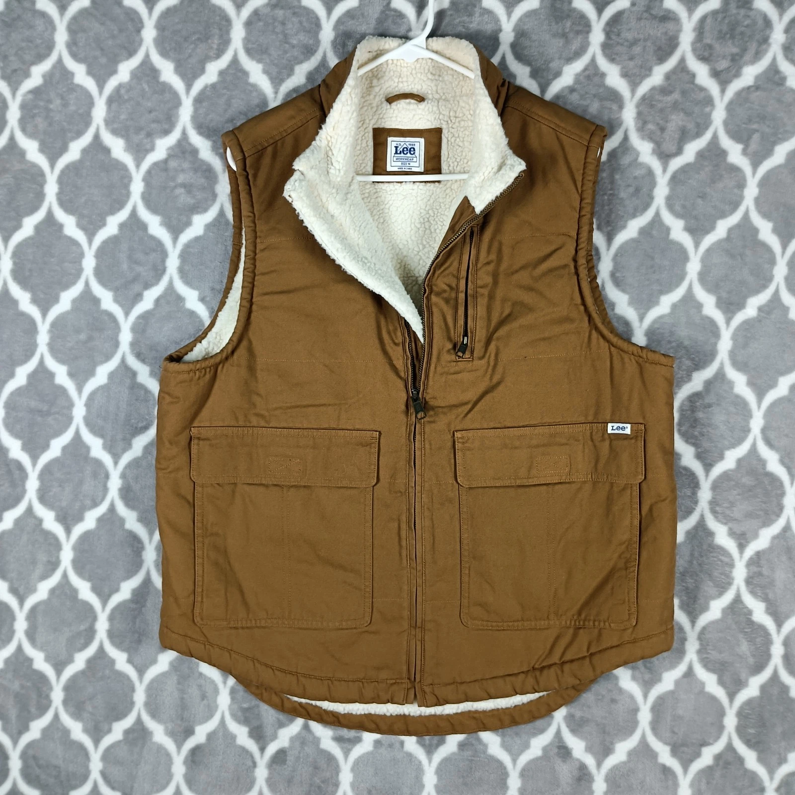 Lee Workwear Vest Men Medium Brown Duck Canvas Sherpa Lined Zip Utility