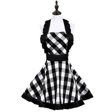 Violet Mist Black Plaid Vintage Apron for Women - Cute Ruffle Frilly Apron for C
