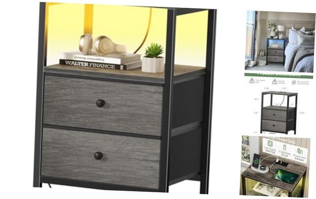 Gray LED Nightstand with 2 Drawers & Charging Station, 11.8D x 15.7W x 23.6H