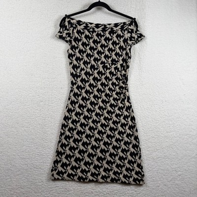 Diane von Furstenberg Houndstooth Wool Blend Knit Boat Neck Dress Black Cream 6