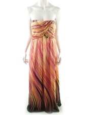 Evening Glam Maxi Gown Pink Yellow Abstract Chiffon Pleated Beaded Sequin US 8