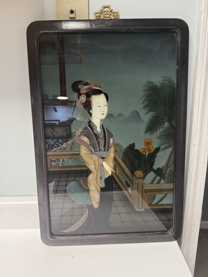 Vintage Geisha Woman On Patio, Reverse Painting on Glass Wall Art, Brass Hanger