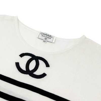 CHANEL Vintage 1994 CC Logo Striped Sleeveless Top #40 Tank White