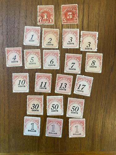 21 portofällige US Briefmarken Scott # J89-J100, J80, J83, postfrisch & gebraucht, aufklappbar, Fotos