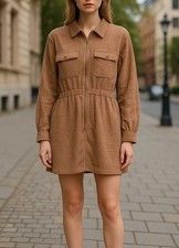 J. Crew Zip-Front Cinched Dress Corduroy Tan Size 18 Women’s Long Sleeves