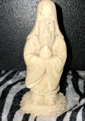 Vintage Carved Asian Ivory Colored Old Man Holding Object Figurine 