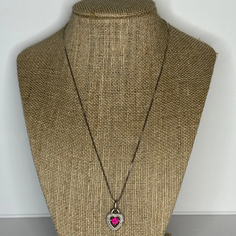 "Collar colgante corazón zafiro rosa plata de ley 925 18"" cadena cubo" Foto 2 de 4