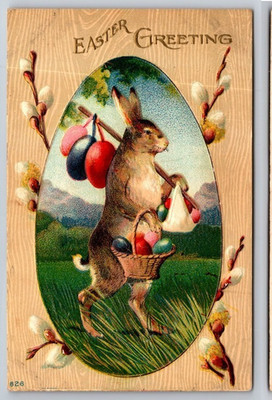 ~Bunny Rabbit with Colored  Eggs~Flowers~Anthropomorphic Easter Postcard~s268
