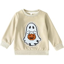 Halloween Toddler Sequin Ghost Pumpkin Sweatshirt Tan Cotton Blend Pullover 3-4Y