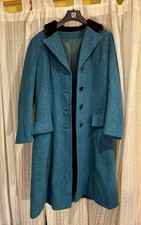 Vintage Harris Tweed Coat Turquoise Blu Pure Wool Black Velvet Collar Size 12/14