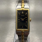 Seiko Watch Women 13mm Black Dial Two Tone Rectangle 2E20-7479 VTG New Battery