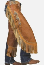 Leather Pull-Up Fashion Chinks with Floral Yoke Set For Riding.