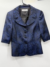 Tahari Cropped Jacquard Blazer Blue Black Beaded Collar Evening Size 2