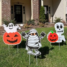 13x15" Halloween Yard Signs - Pumpkin, Ghost  Mummy Lawn Stakes 3 Pack