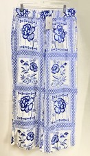 Halston Womens Blue White Floral Wide Leg Linen Palazzo Pants Size XL