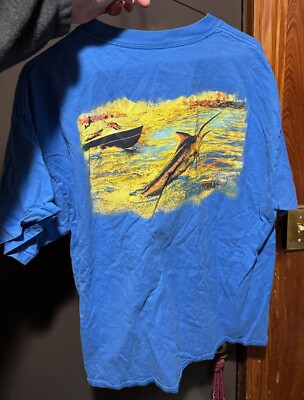 Guy Harvey Men's Large Swordfish Boat Fishing Blue Pocket Cotton Graphic Tee