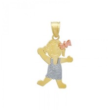 Colgante 3D Tricolor Niña Dije en Lazo y Vestido Real Oro Amarillo Blanco Rosa 14K