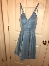 Coctail party prom blue glitter dress cross back straps w/ pockets bra sz 6 or 4