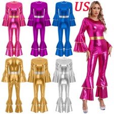 Womens Costume Stage Disco Bell Bottom Dancewear One-piece Catsuit Festival 70S
