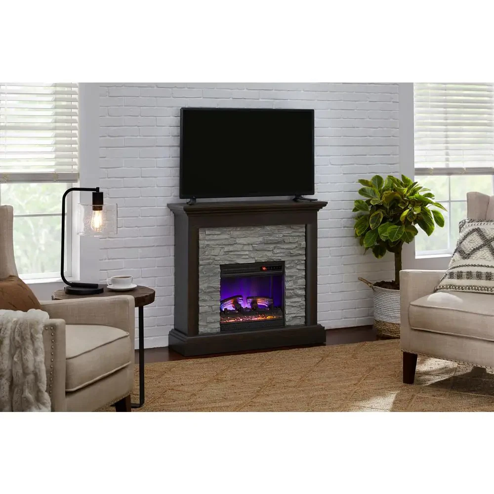 40 In. W Freestanding Electric Fireplace with Gray Faux Stone in Weathered  Brown | eBay